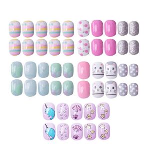 SIUSIO 120 Pcs 5 Pack Children Acrylic Fake Nails Press on Pre-glue Full Cover Glitter Gradient Color Rainbow Short False Nail Art Kits Set Stick on Nails for Kids Little Girls - Pink Hamster